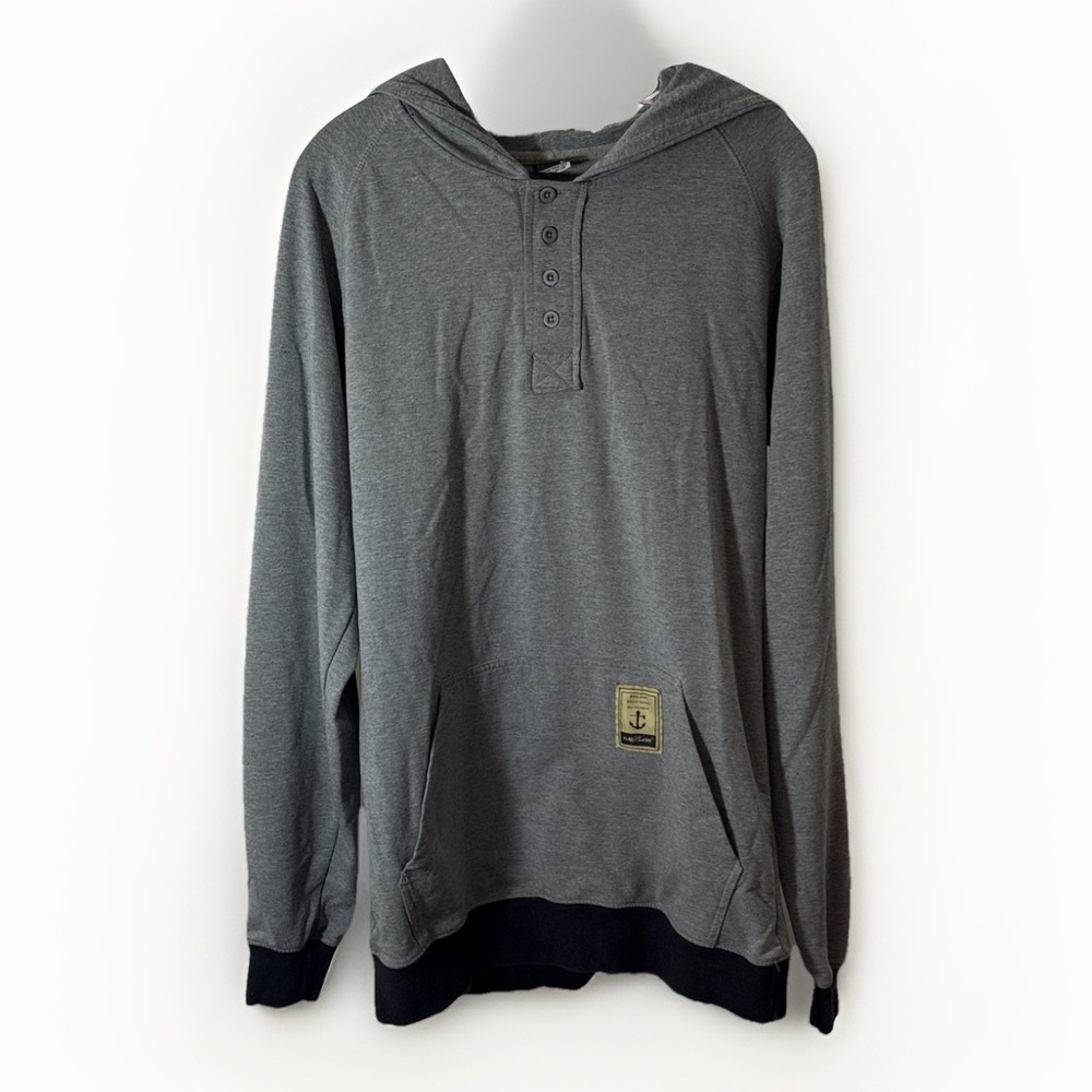 Flag nor Fail‎ Women's Large Henley Hoodie Sweatshirt Gray Contrast Hem Pocket
